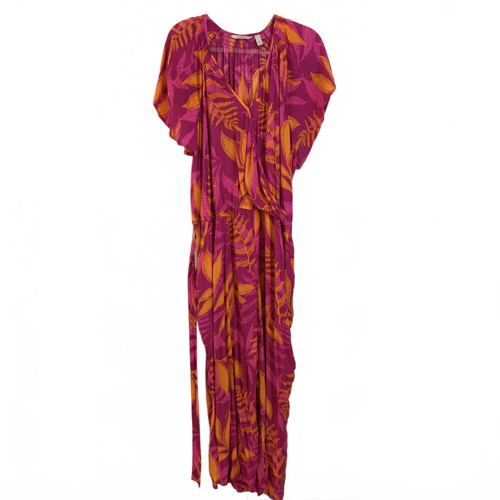 Any Body | Women’s Short Sleeve Bright Pink Orange Tropic Wide Leg Jumpsuit 2XP